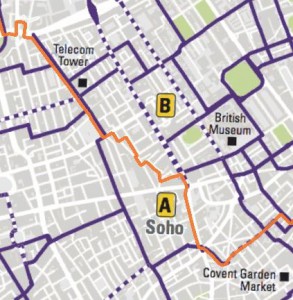 Central London Grid proposal with orange boundary marking Westminster on bottom left and Camden on top right