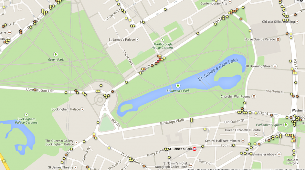 All collisions involving people on foot or bike near Green Park and St James's Park